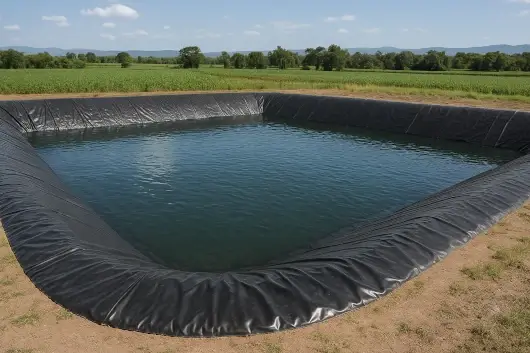 Estanque agrícola impermeabilizado con geomembrana plástica negra de alta densidad para almacenamiento de agua.
