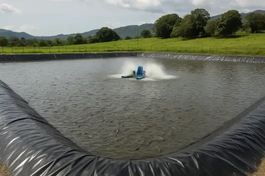 Piscicultura en estanque revestido con geomembrana plástica resistente, ideal para manejo de agua y peces.