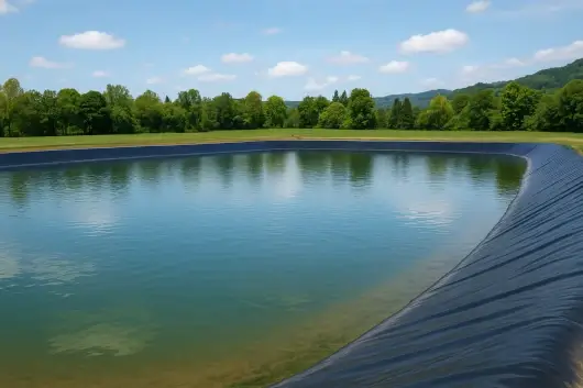 Piscina o laguna artificial revestida con geomembrana plástica impermeable de alta resistencia.