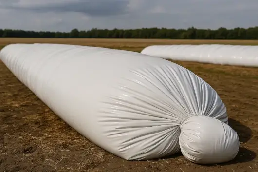 Bolsas para silo plásticas negras resistentes en finca agropecuaria.