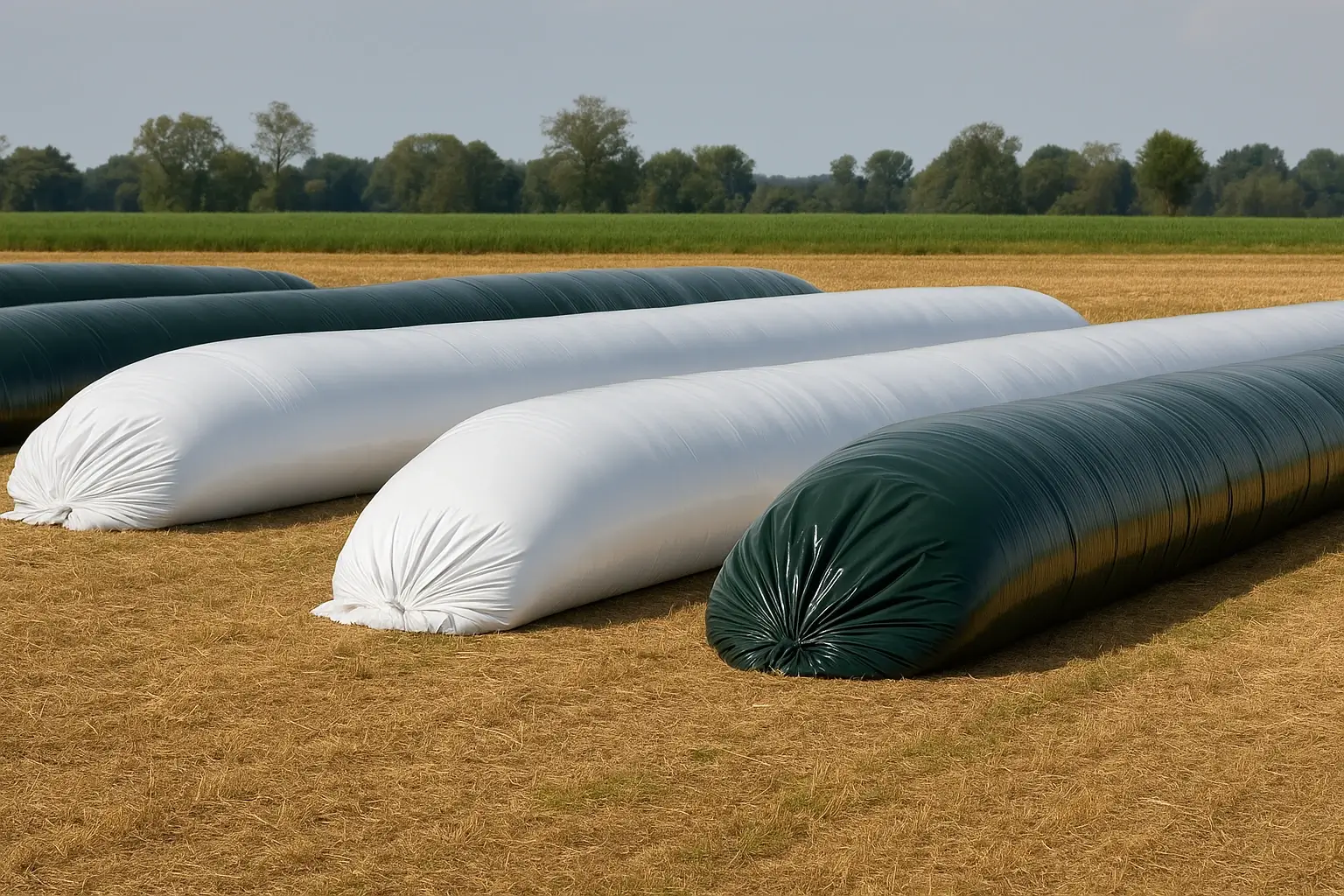 Bolsas para silo plásticas negras resistentes en finca agropecuaria.