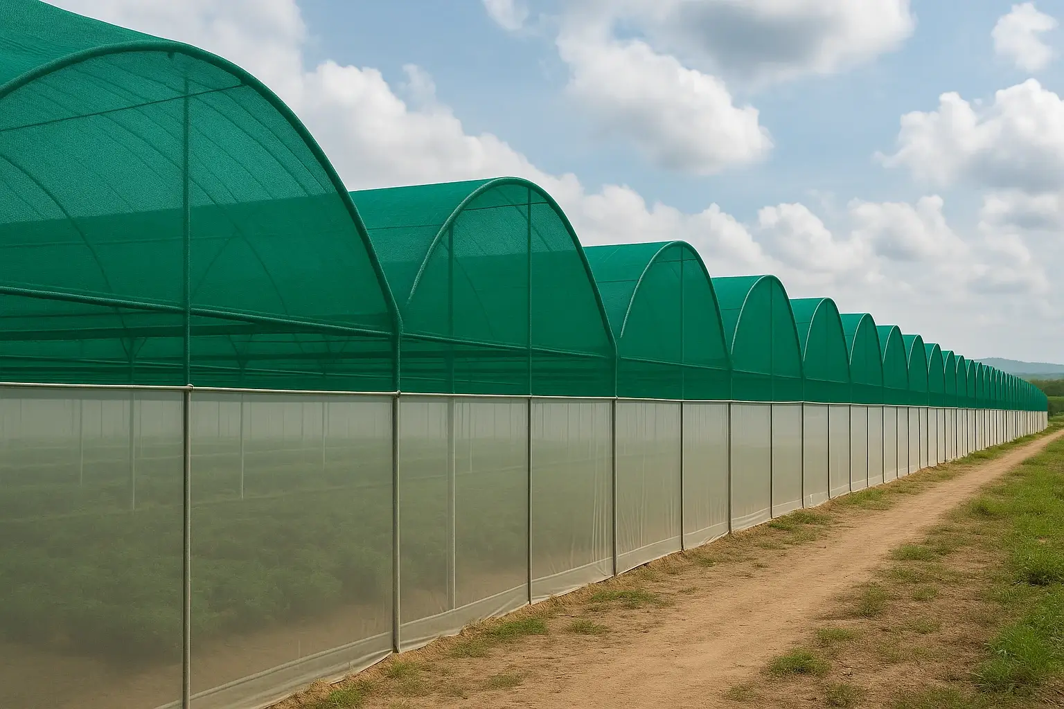 Invernadero agrícola cubierto con polisombra verde que protege los cultivos del exceso de sol y regula la temperatura.