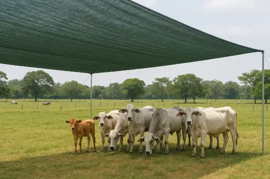 Ganado descansando bajo polisombra negra instalada en zona rural para reducir la temperatura y brindar sombra protectora.