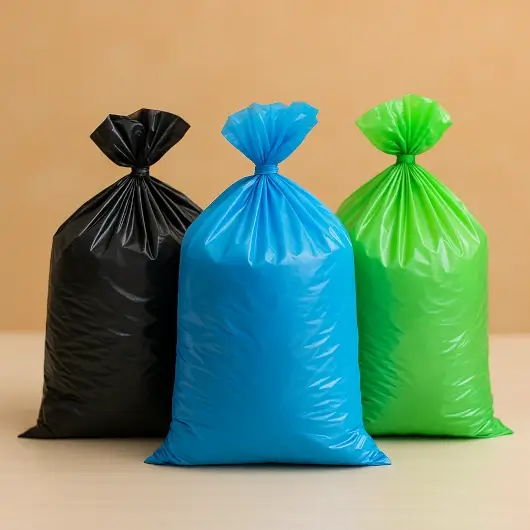 Personal de aseo manipulando bolsas para basura de alta capacidad en área pública.