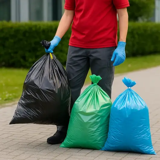 Bolsas plásticas para residuos en colores verde, azul, rojo y negro, ideales para separación y reciclaje.