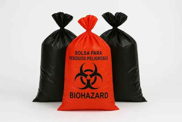Bolsas plásticas hospitalarias rojas y negras para residuos médicos, resistentes y seguras