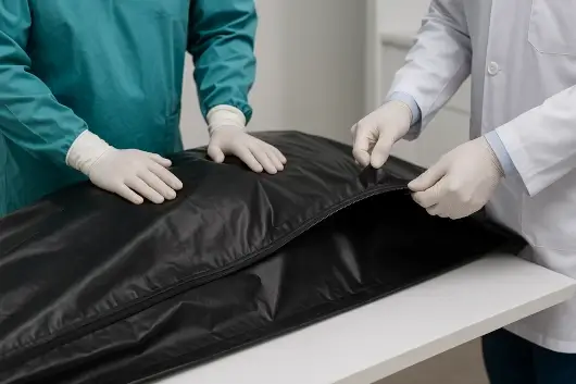 Personal sanitario con guantes y bata manipulando una bolsa para cadáver en entorno clínico, cumpliendo medidas de bioseguridad.