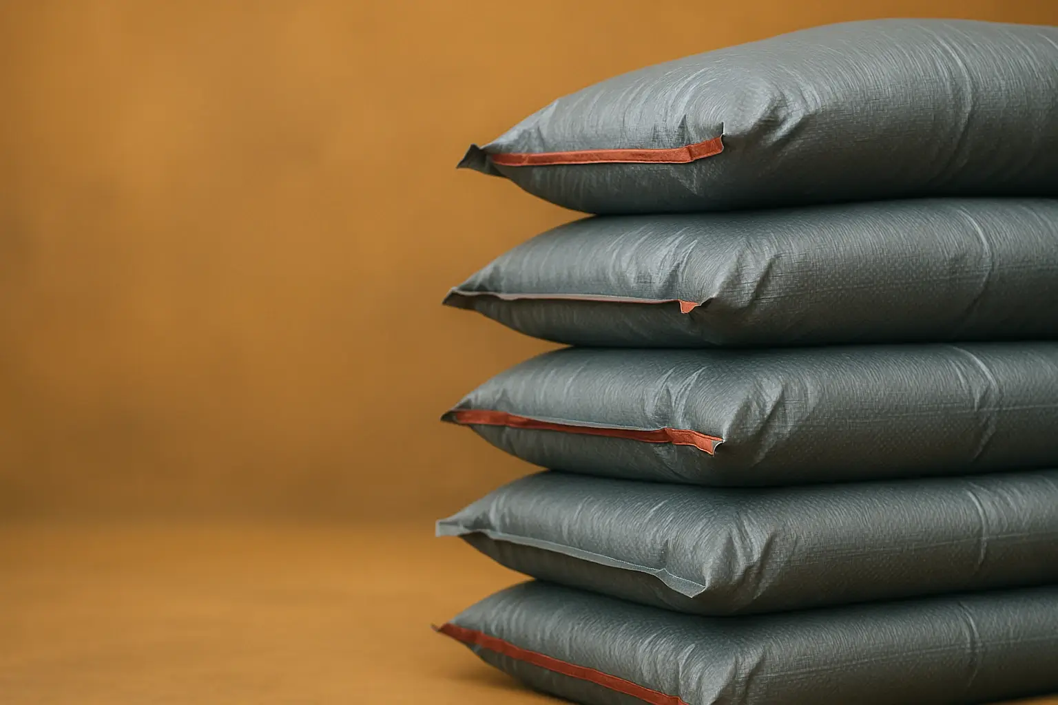 Lonas plásticas reforzadas apiladas en bodega industrial, utilizadas para empaque y transporte de monedas.