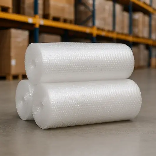 Rollos de plástico burbuja transparente utilizados para protección y embalaje industrial.