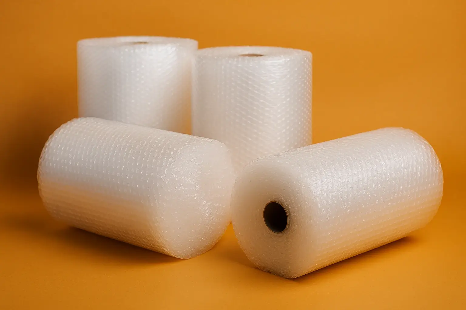 Rollos de plástico burbuja transparente utilizados para embalaje y protección de productos en entornos industriales.