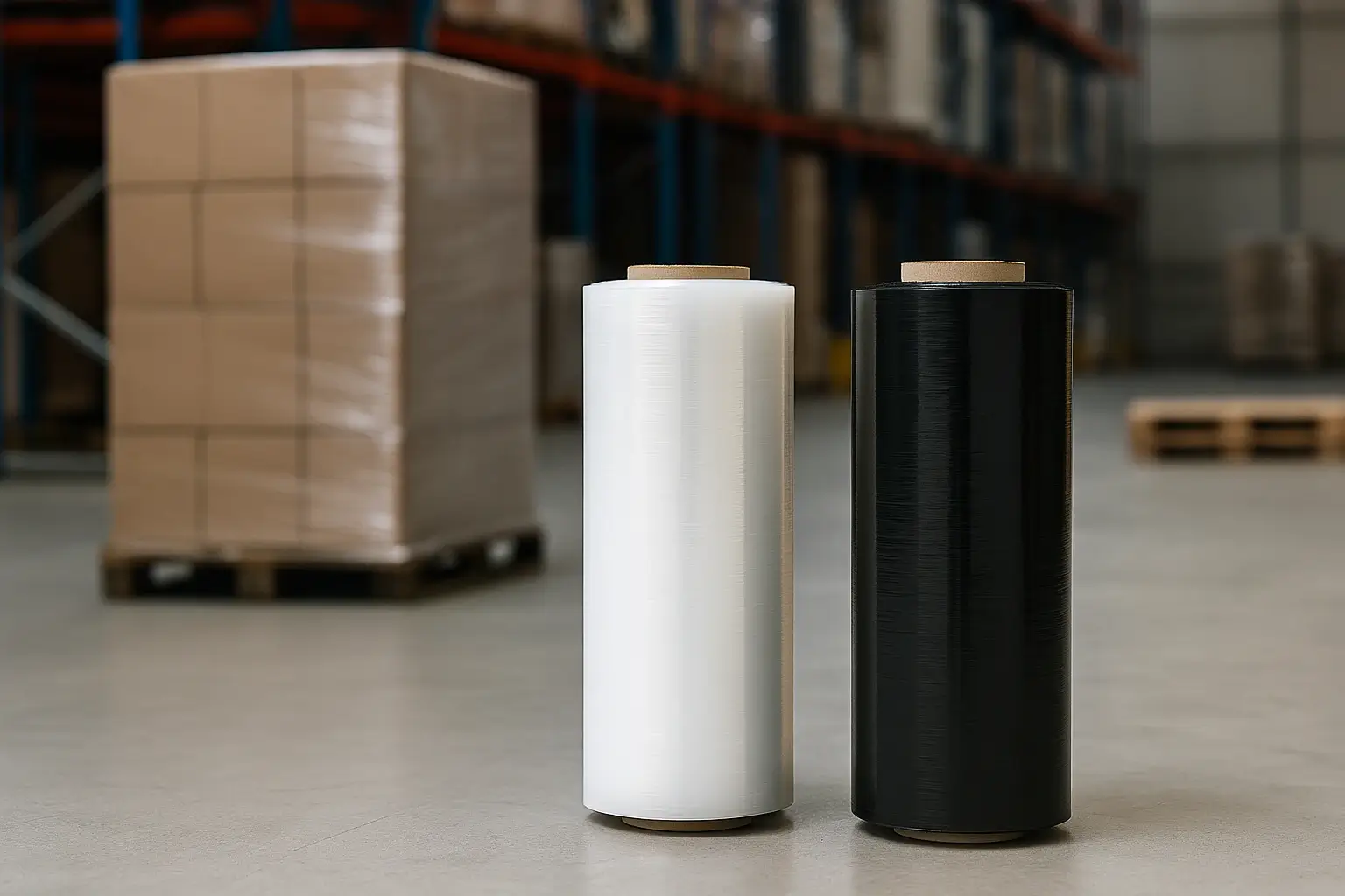 Bobinas de stretch film transparente y negro utilizadas para embalaje y protección industrial.