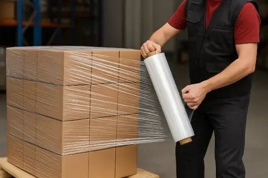 Operario aplicando stretch film transparente manualmente sobre un palet de cajas para asegurar la carga en una bodega industrial.