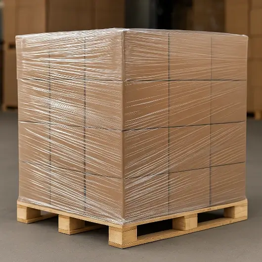 Palet industrial envuelto con stretch film transparente que asegura la carga durante el transporte y almacenamiento.