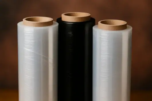 Bobinas de stretch film transparente y negro utilizadas para embalaje industrial.